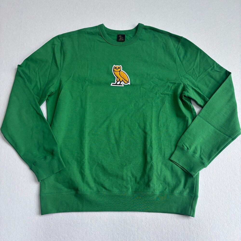 OVO Octobers Very Own Classic Chenille Owl Crewneck Sweatshirt Mens XL Green EUC
